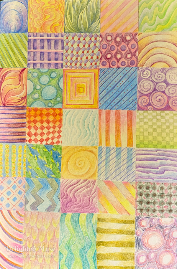 A grid of various multicolored abstract patterns, in colored pencil.