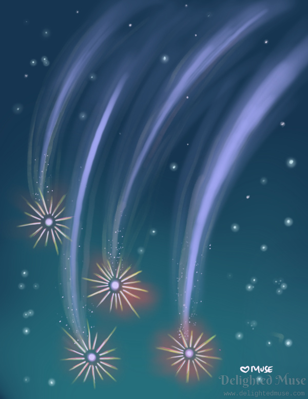 A simple digital painting of four shooting stars on a teal sky with a few stars in the background.