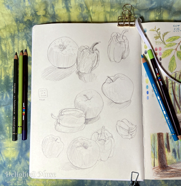 Sketchbook page with pencil drawings of an apple and a bell pepper. Colored pencils are arranged on either side of the page.