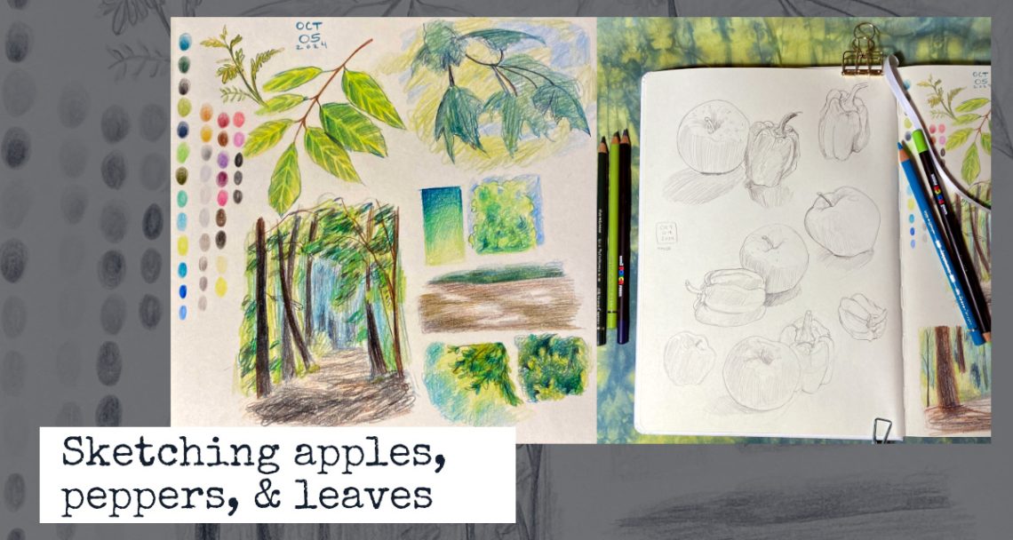 A college of two sketchbook pages, one showing studies of leaves and forest scenes, and the other graphite pencil sketches of an apple and bell pepper.