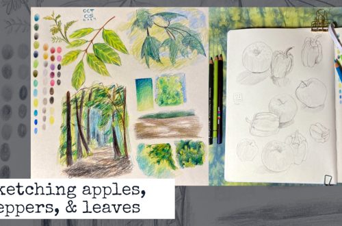 A college of two sketchbook pages, one showing studies of leaves and forest scenes, and the other graphite pencil sketches of an apple and bell pepper.