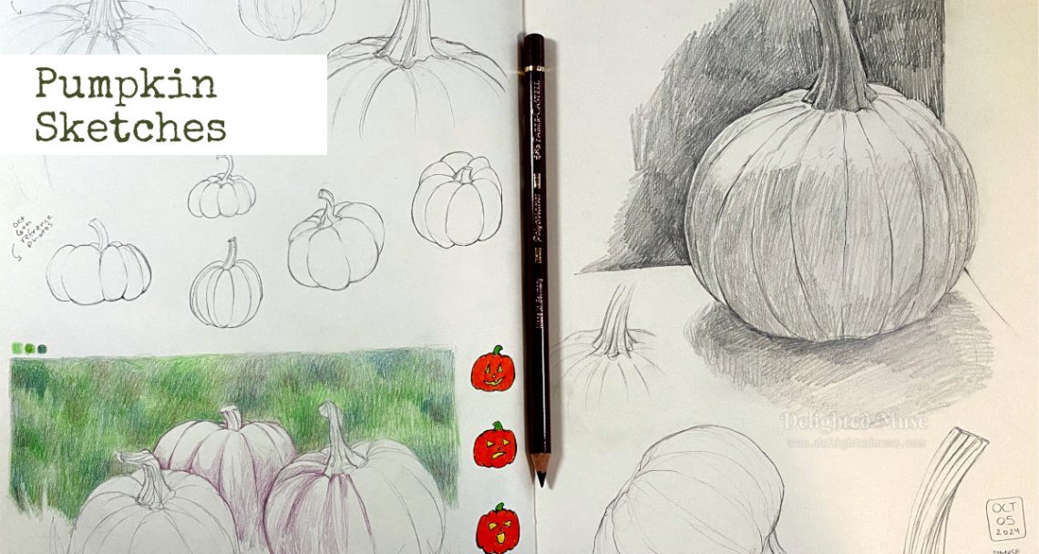 A sketchbook spread, with pencil drawings of pumpkins. A red-violet colored pencil sits in the middle of the book.