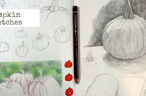 A sketchbook spread, with pencil drawings of pumpkins. A red-violet colored pencil sits in the middle of the book.