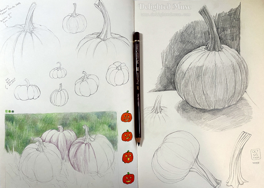 An open sketchbook spread with pencil drawings of pumpkins. The upper light are line studies. The right side is a more shaded pumpkin. In the lower left is a half finished colored pencil drawing of three pumpkins. Along the spine of the book are four bright orange pumpkin doodles. A red-violet pencil sits on top of the book.