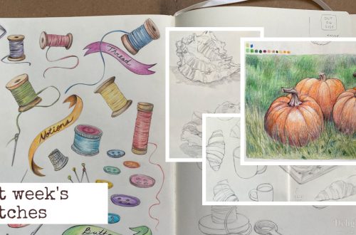 A collage of drawings: one of sewing notions in color pencil, one of three pumpkins in color pencil, one of seashells in graphite, and one of croissants and coffee in graphite.